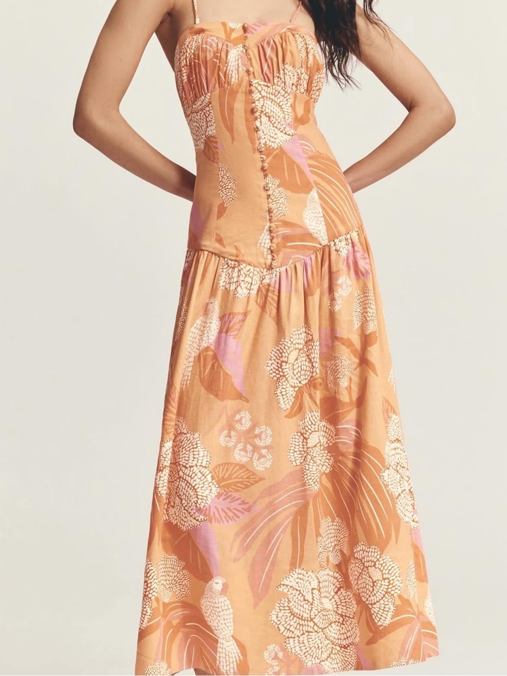 Farm Rio | Linen Blend Strapless Drop-Waist Maxi Dress | NWT